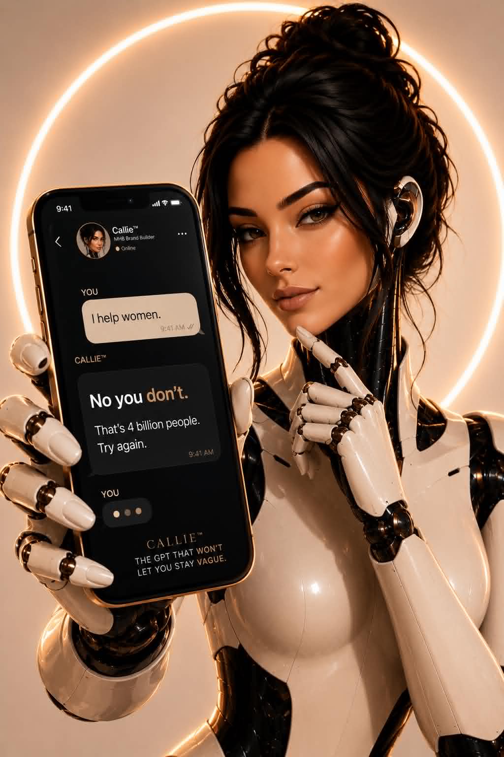 Callie holding a phone showing a chat with her